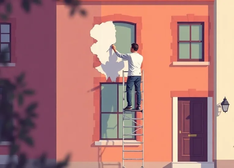 Peintre sur échafaudage traitant la façade d'une maison